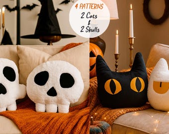 Cat & Skull Pillow Sewing Pattern Bundle | Halloween PDF Patterns | Cute Cushion Set | Beginner Friendly DIY Decor