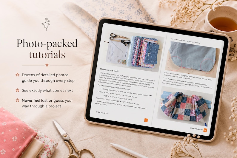 May include: A tablet displaying a digital sewing tutorial titled Photo-packed tutorials, featuring step-by-step instructions, fabric swatches, and sewing tools. The screen shows text about materials and tools, including measurements in inches, alongside images of fabric pieces and a finished patchwork project.