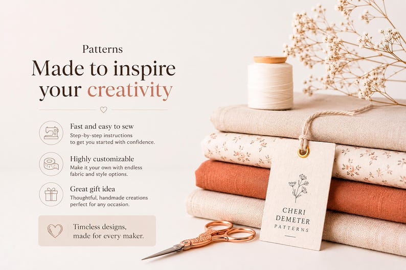 May include: A stack of folded fabric in beige, floral, and terracotta colors, topped with a spool of white thread and a tag labeled Cheri Demeter Patterns. Beside the fabric are copper-colored scissors and text about sewing patterns.