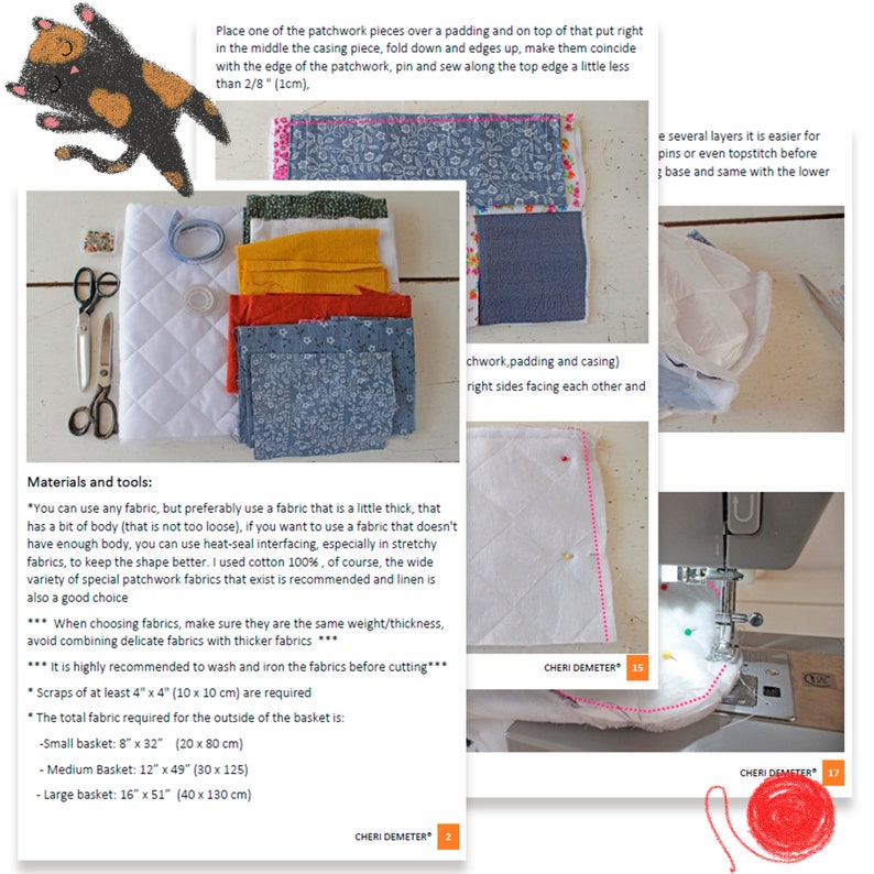 May include: A close-up of a sewing project with instructions for making a patchwork basket. The image shows a variety of fabrics, including blue, yellow, orange, and red. The text includes the materials needed and the steps for making the basket.