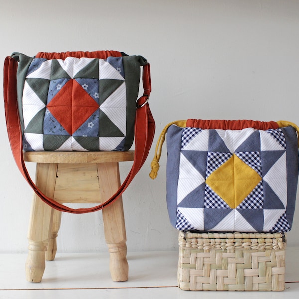 Patchwork drawstring bags, set of 2, crossbody bag and clutch bag, cotton 100% - makeup bag, toiletry bag, OOAK