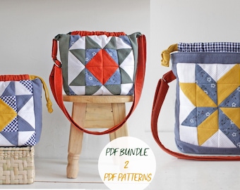 May include: Three quilted fabric bags with star patterns in various colors, including blue, yellow, and orange. The bags have red straps and drawstring closures. One bag is on a small wooden stool, and another is on a woven basket.