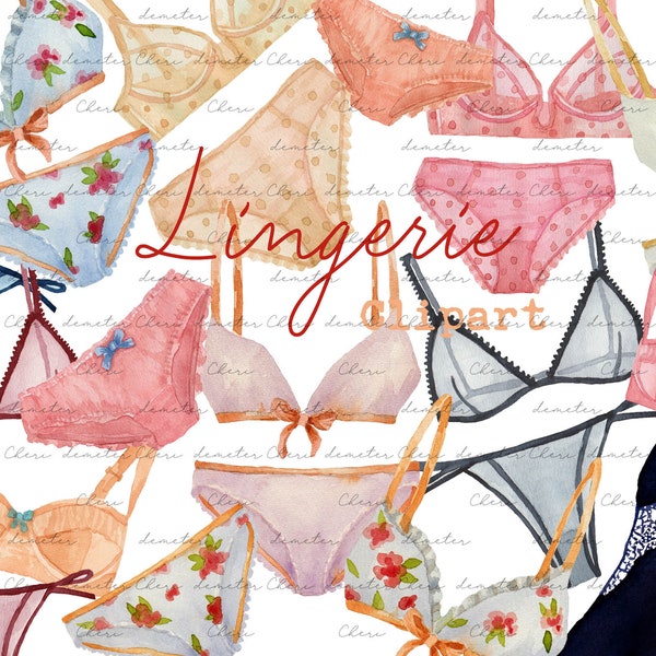 Clipart,30 hand painted elements,watercolor,lingerie, bra, panty & nightgowns,dots,flowers,high resolution,watercolor,transparent background