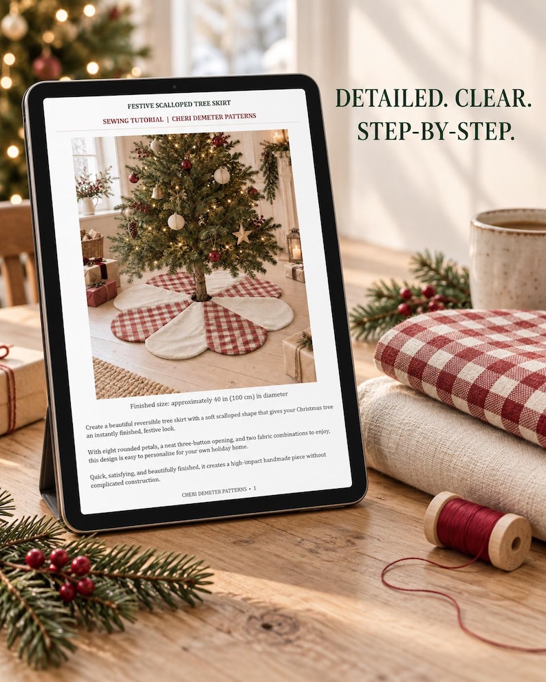 K&ouml;nnte beinhalten: Ein digitales Tablet zeigt eine N&auml;hanleitung f&uuml;r einen festlichen, gewellten Weihnachtsbaumteppich von Cheri Demeter Patterns. Der Bildschirm zeigt einen fertigen Baumteppich mit acht abgerundeten Bl&uuml;tenbl&auml;ttern aus rotem Vichy-Karo und cremefarbenem Stoff, 100 cm Durchmesser.