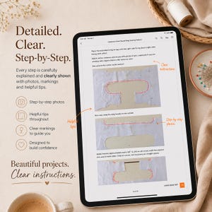 May include: A digital tablet displaying a Japanese Knot Round Bag sewing pattern with step-by-step instructions, including photos of white fabric pieces with red dashed sewing lines, text, and annotations for clear guidance on construction.