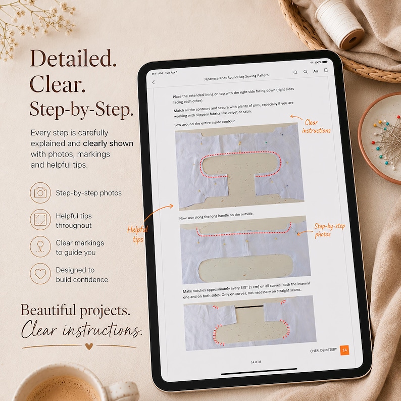 May include: A digital tablet displaying a Japanese Knot Round Bag sewing pattern with step-by-step instructions, including photos of white fabric pieces with red dashed sewing lines, text, and annotations for clear guidance on construction.