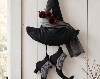 Witch Hat and Shoes Sewing Pattern PDF, Halloween Door Hanger, Primitive Witch Decor, Fabric Wall Hanging, Beginner Tutorial