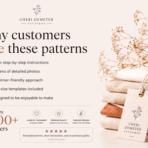May include: A promotional graphic for Cheri Demeter Patterns featuring a stack of folded neutral-toned fabrics with a branded tag. The text lists benefits like clear instructions, detailed photos, and life-size templates, noting 11,000+ customers.