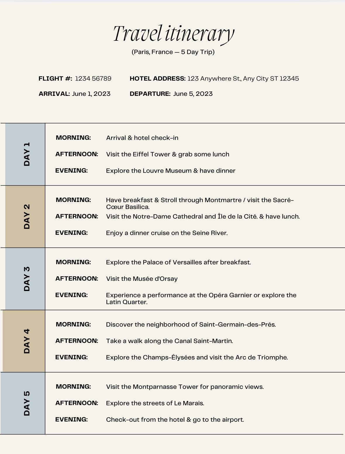5-Day Editable Travel Itinerary Template | Canva Itinerary Planner | Digital Download | Vacation Planner | PDF Travel Schedule