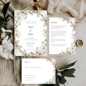 Modèle d'invitation de mariage avec fleurs sauvages, invitation de mariage imprimable, invitation de mariage, couronne de fleurs, PDF de mariage modifiable sur Canva