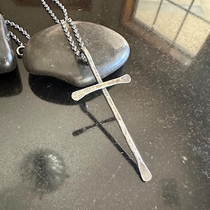 Sterling Silver Cross Necklace, Hand forged, Hammered, Rustic cross on sterling silver chain, Gift for Her