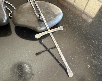 Sterling Silver Cross Necklace, Hand forged, Hammered, Rustic cross on sterling silver chain, Gift for Her