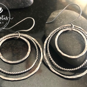 Unique Sterling Silver Boho Hoop Earrings, Circle Earrings, large Earrings, Sterling Silver Jewelry, Multi Hammered Hoop and Twist Earrings