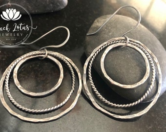 Unique Sterling Silver Boho Hoop Earrings, Circle Earrings, large Earrings, Sterling Silver Jewelry, Multi Hammered Hoop and Twist Earrings