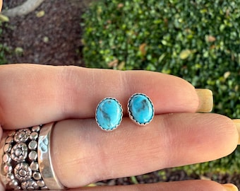 Oval Kingman Turquoise stud Earrings, Small Turquoise and sterling silver, blue Turquoise Earrings, boho jewelry, Post Earrings, handmade