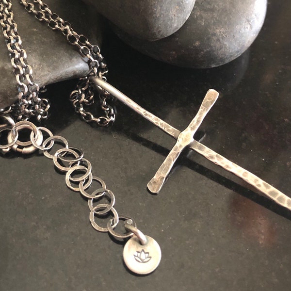 Sterling Silver Cross Necklace, Hand forged, Hammered, Rustic cross on sterling silver chain, Gift for Her