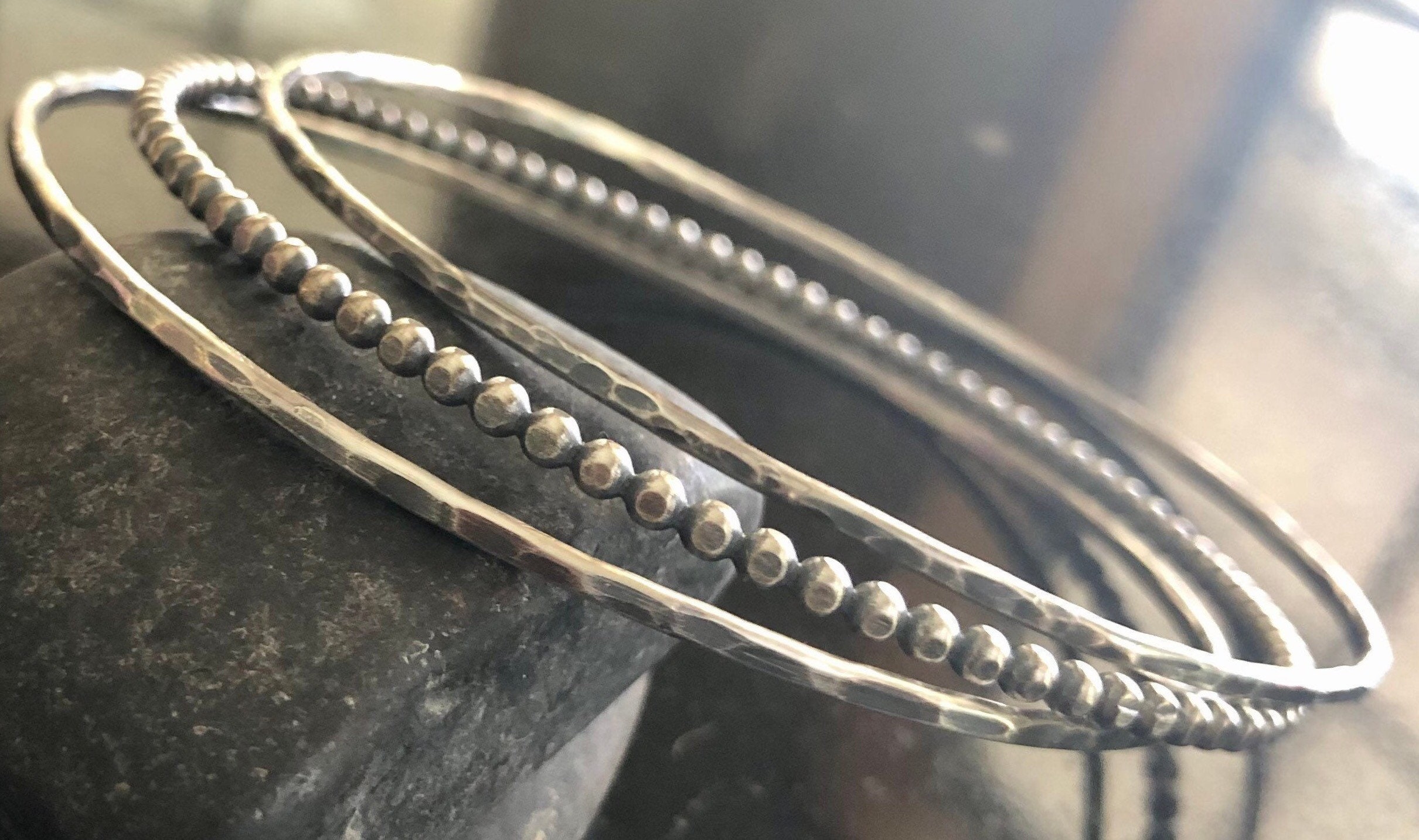 Set of 3, Bangles, Sterling Silver and Full Bead Bracelet Set, Bangle Bracelets, Stacking Bangles, Stacking Bracelets