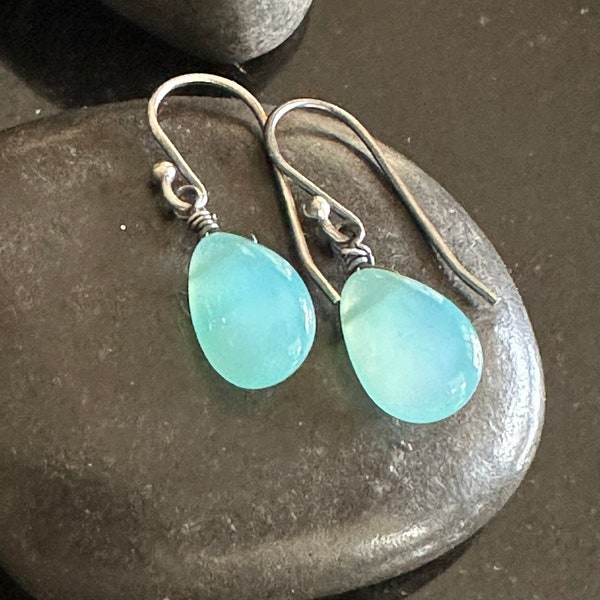 Aqua Chalcedony earrings, .925  Sterling Silver Earrings, light blue Earrings, Minimalist jewelry, Small dangle earrings, smooth gems, 1.5”