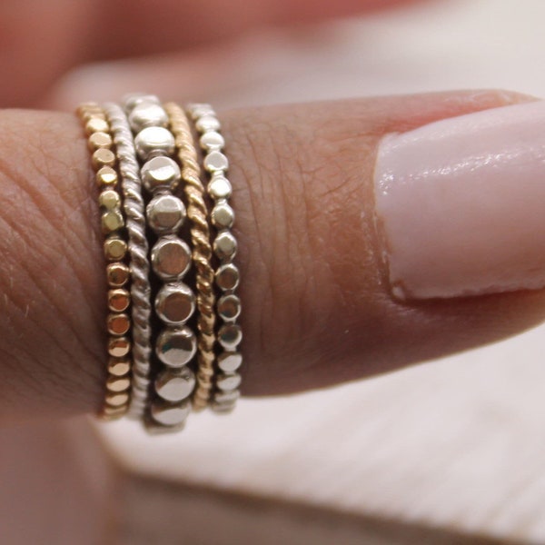 Dot and Twist thin Stacking Rings Set, Gold and Silver Rings, Gold Stacking Rings, set of 5 Rings, mixed metals, rope, twist, bead rings