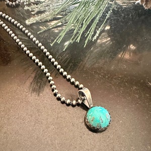 Kingman Turquoise Necklace, Sterling Silver Ball Chain Necklace, 10mm Turquoise Pendant, Turquoise Jewelry, gift for her, blue gem
