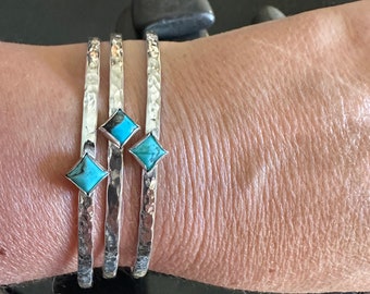 Kingman Turquoise and Hammered Sterling Silver Cuff Bracelet, Blue Turquoise Cuff, square turquoise Stacking Cuff, sterling silver bracelet