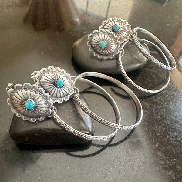 Blue Kingman Turquoise Hoop Earrings, Sterling Silver Concho hoops, post back hoops, Western earrings, Turquoise Hoops, Cowgirl  jewelry