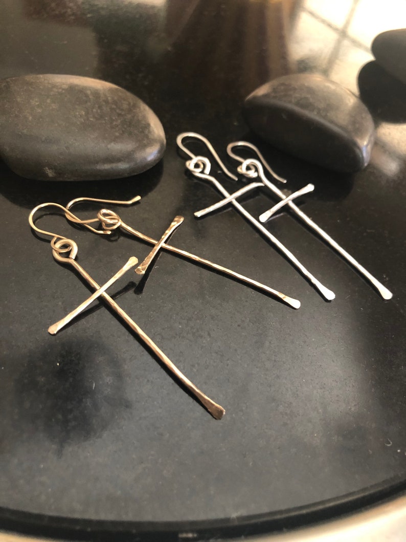 Gold Cross Earrings Long Hand Hammered Cross Dangle Etsy