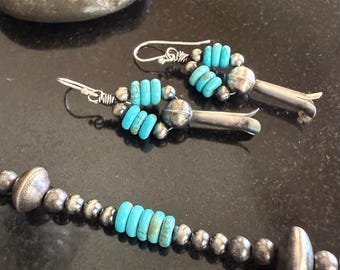 Sterling Silver and Kingman Turquoise Squash blossom dangle Earrings, Southwestern, Navajo Pearl earrings, bench bead and blossom dangles