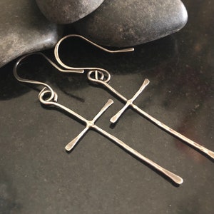 Sterling Silver Cross Earrings - Hand forged, Hammered, Rustic Cross, Handmade Jewelry, Gift for Her