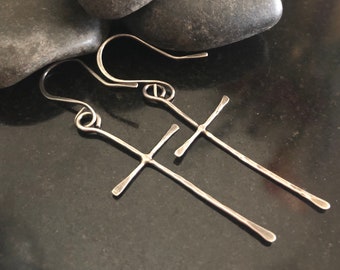 Sterling Silver Cross Earrings - Hand forged, Hammered, Rustic Cross, Handmade Jewelry, Gift for Her