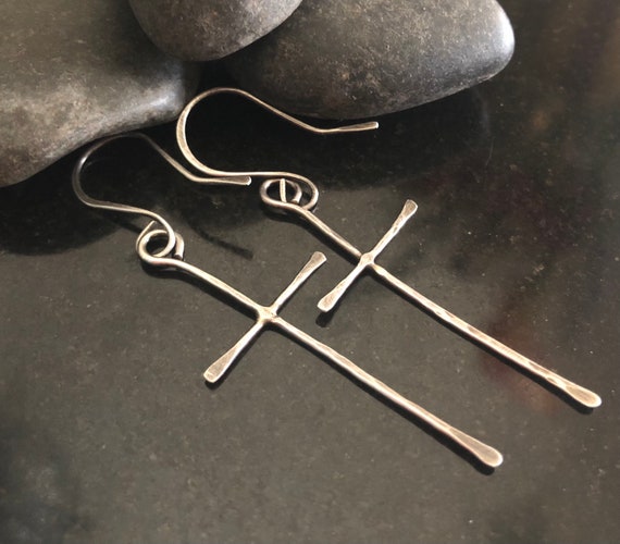 Sterling Silver Cross Earrings - Hand forged, Hammered, Rustic Cross, Handmade Jewelry, Gift for Her
