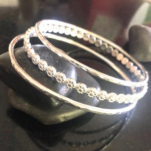 Heavyweight Bangle Bracelet Set, Sterling Silver Bangle Bracelets, Stacking Bangles, Stacking Bracelets, Thick Daisy and 10 gauge bangles