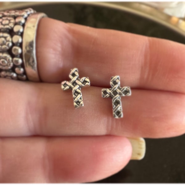 Sterling Silver woven Cross Earrings, cross studs, .925 Cross earrings, Dainty studs, cross posts