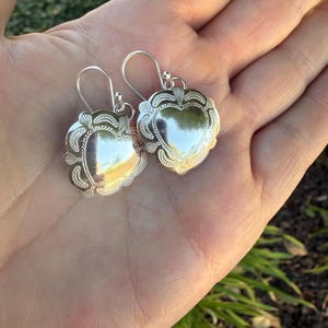 Sterling Silver Heart Concho dangle earrings, drop earrings, cowgirl jewelry, western earrings, Simple Native style jewelry