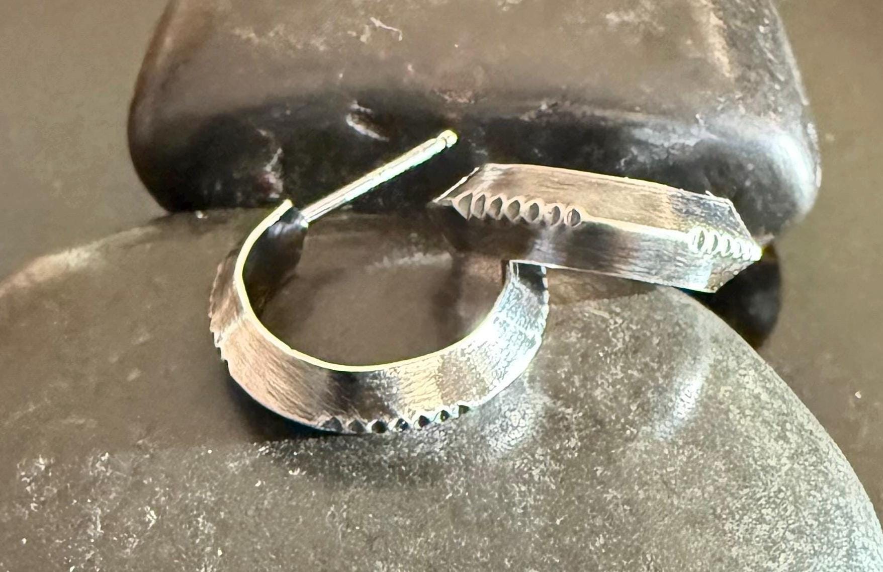 Sterling Silver hand stamped Post Hoop Earrings, Stamped Triangle shape hoop Earrings, Sterling Silver Hoops, Post back, 3D