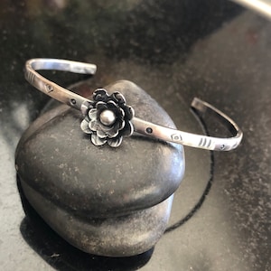 Sterling Silver Flower Cuff Bracelet, Adjustable Cuff, Stacking Cuff, Boho jewelry, Western bracelet, Hand stamped Bracelet