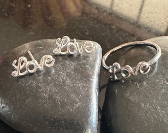 Sterling silver Love Stud earrings, Valentine earrings, .925 sterling silver, word earrings, dainty studs, Post back earrings,