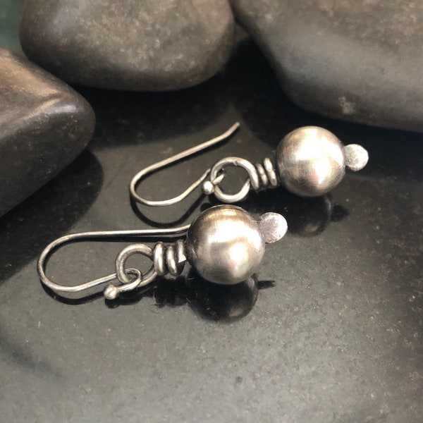 Navajo Pearl earrings, Sterling Silver beaded dangle earrings, 8mm sterling bead drop earrings, gift for her