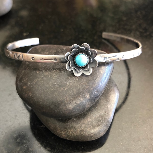 Sterling Silver and Turquoise Flower Cuff Bracelet, Adjustable Cuff, Stacking Cuff, Boho jewelry, Western bracelet, Hand stamped Bracelet,
