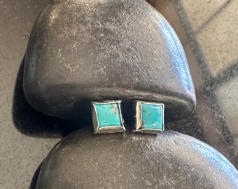 Kingman Turquoise stud Earrings, Small square Turquoise and sterling silver, blue Turquoise Earrings, boho jewelry, Post Earrings, handmade