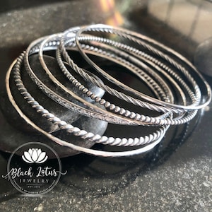 7 Sterling Silver Stacking Bangle Bracelets, Pattern Bangle, Beaded, Twist, floral, Set, Stacking Bangles, Gift set, medium-weight, set of 7