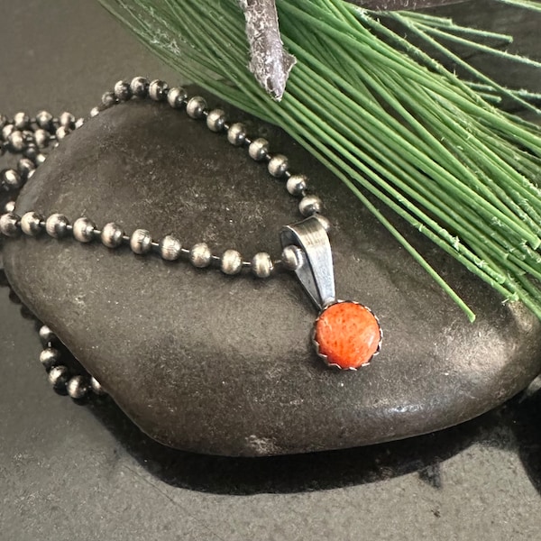 Orange Apple Coral Necklace, Sterling Silver Ball Chain Necklace, Small Coral Pendant, Jewelry, gift for her