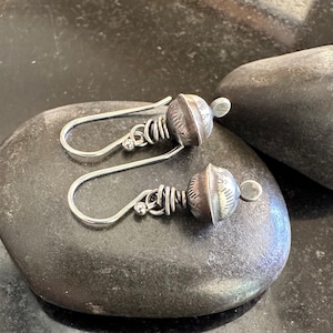 Navajo Pearl stamped bench bead dangle earrings, Sterling Silver beaded dangle earrings, 8mm sterling beads, drop earrings, gift for her