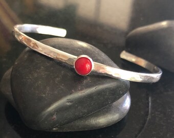 Red Coral and Sterling Silver Cuff Bracelet, Adjustable Cuff, Stacking Cuff, Bracelet, Thick Silver Cuff