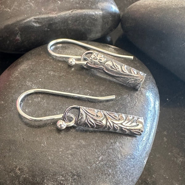 Small Sterling Silver floral dangle earrings, Minimalist jewelry, silver bar dangles, 3 lengths, shiny or oxidized, gift for her