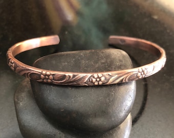 Pure Copper design Cuff Bracelet, floral bracelet, Adjustable Cuff, Stacking Cuff Bracelet, 7th Anniversary gift