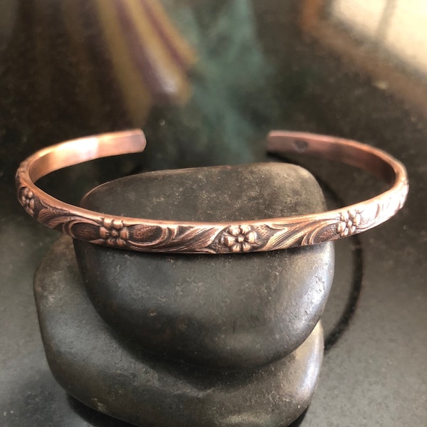 Pure Copper design Cuff Bracelet, floral bracelet, Adjustable Cuff, Stacking Cuff Bracelet, 7th Anniversary gift