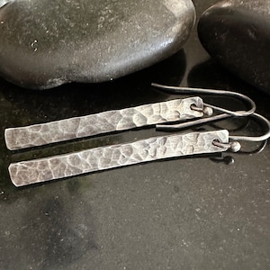 Sterling Silver hammered bar earrings, Minimalist jewelry, silver bar dangles, 3 lengths, shiny or oxidized, gift for her