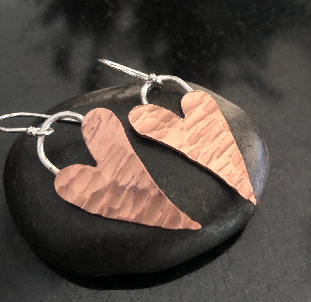 Solid Copper Heart Earrings, Copper and Sterling Silver Heart Dangle