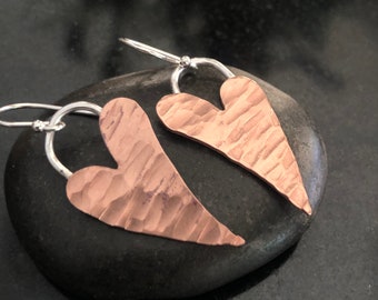 Solid Copper Heart earrings, Copper and Sterling Silver heart dangle earrings, Hammered Copper heart earrings, gift for her